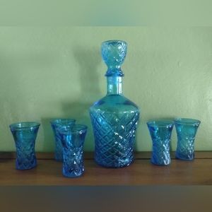 Vintage ice blue glass decanter with 5 shot glasses